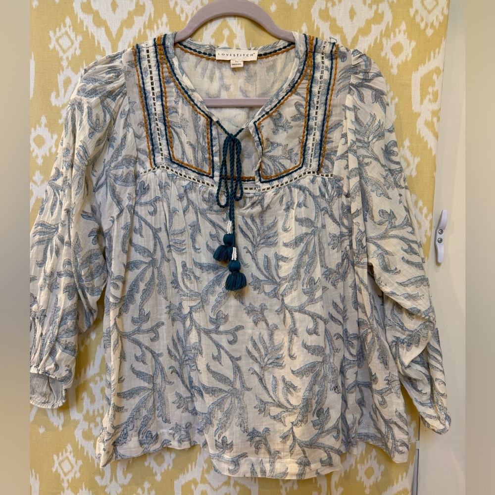 Lovestitch Cream and Blue Leaf Print Blouse